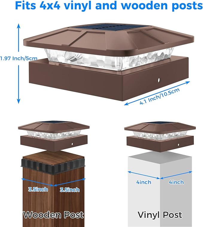 Peasur 4x4in Solar Post Cap Lights Outdoor with 3 Modes, 12 Packs Brown Fence Light Solar Powered Waterproof for Wood/Vinyl Posts for Deck Yard Garden Patio Outside