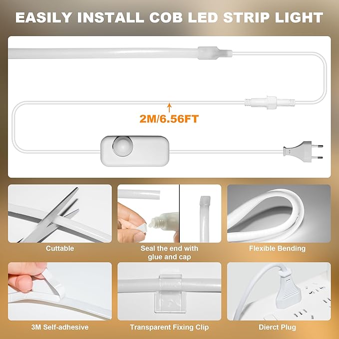 Gliztech IP67 Waterproof COB LED Strip Lights AC 110V-120V Direct Plug, 100FT Super Bright Outdoor Strip Lights with Double Fuse Controller, 6500K White LED Strips for Garden Patio Commercial Decor