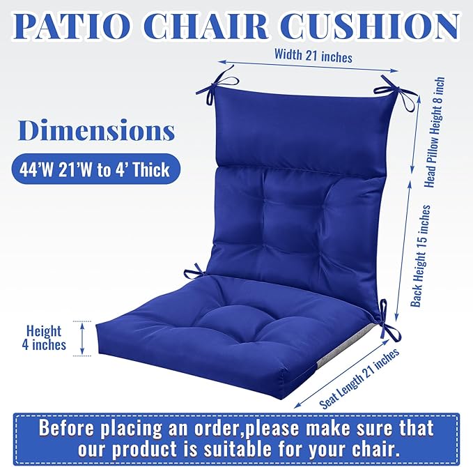 Sintuff 2 Pcs 44 x 21 x 4 Patio Chair Cushions Outdoor Chair Cushion Seat/Back Tufted Pillow with Ties Water Resistant Replacement Indoor Patio Furniture Outdoor Furniture (Solid Color,Navy)