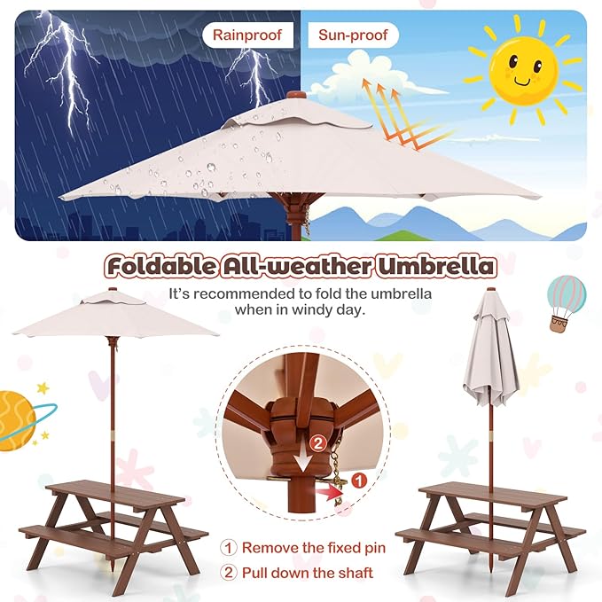 HONEY JOY Kids Picnic Table, Toddler Outdoor Table & Bench Set, Wooden Children Patio Furniture with Folding Umbrella, Kids Picnic Tables for Outdoors, Gift for Boys Girls