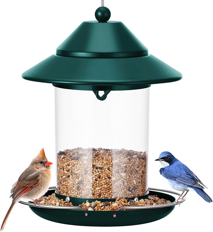 Metal Roof Bird Feeder, Hanging Bird Feeder for Outdoors with 3lb Clear Tube Seed Capacity for Viewing Cardinal Finch, Wild Birdfeeders for Outside Garden Yard Decoration