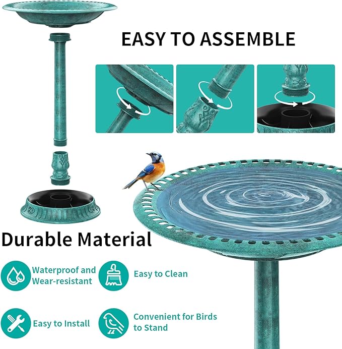 AISITIN 28 Inch Bird Bath with 3.5W Solar Fountain for Outside, Polyresin Pedestal Bird Baths for Outdoor Garden Courtyard Decoration, Weather-Resistant Birdbaths with 20" Bowl & 8 Nozzles, Green