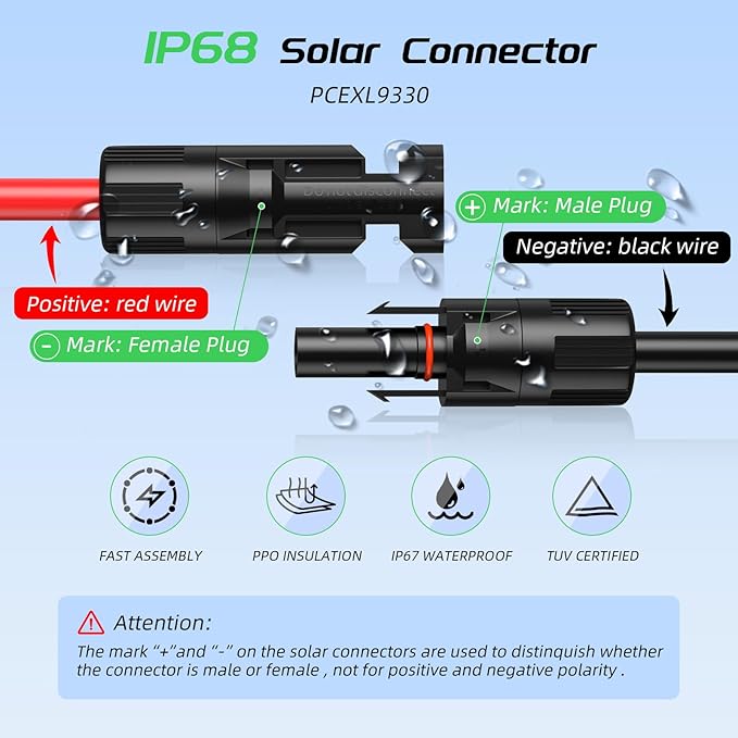 30FT 12AWG Solar Panel Extension Cable, Bateria Power 12 Gauge 4mm² PV Wire with Female & Male Waterproof Connectors for RV, Photovoltaic Systems, Set of 2