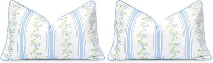 Hofdeco Premium Coastal Patio Indoor Outdoor Lumbar Pillow Cover Only, 12"x20" Water Repellent for Backyard, Couch, Baby Blue Print Stripe Floral (Pack of 2)