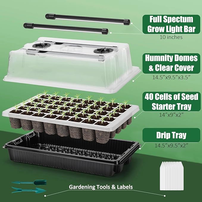 Seed Starter Tray Kit with Grow Lights, 1 Pack 40 Cells Seed Trays with Humidity Dome, Mini Greenhouse for Seeds Growing Starting Sprouting Germination