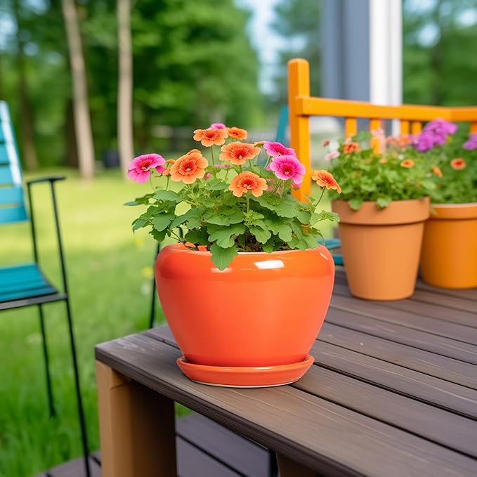 Ceramicfor Ceramic Plant Pot 6 Inch - Ceramic Planter for Indoor Plants Outdoor, Glaze Round Modern Flower Pot with Drainage Hole and Saucer, Gift for Plant Lover, Home Garden Room Decor, Orange