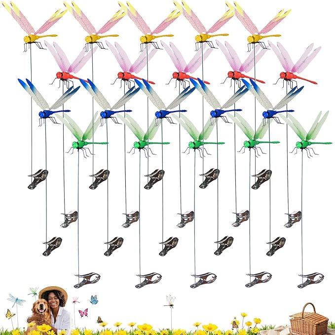 Jongdari 20pcs Dragonfly Hat Clip Realistic Fake Dragonflies Clip-On Garden Outdoor Decor Stakes Plastic Dragon Fly Clips Plant Decorations for Pot