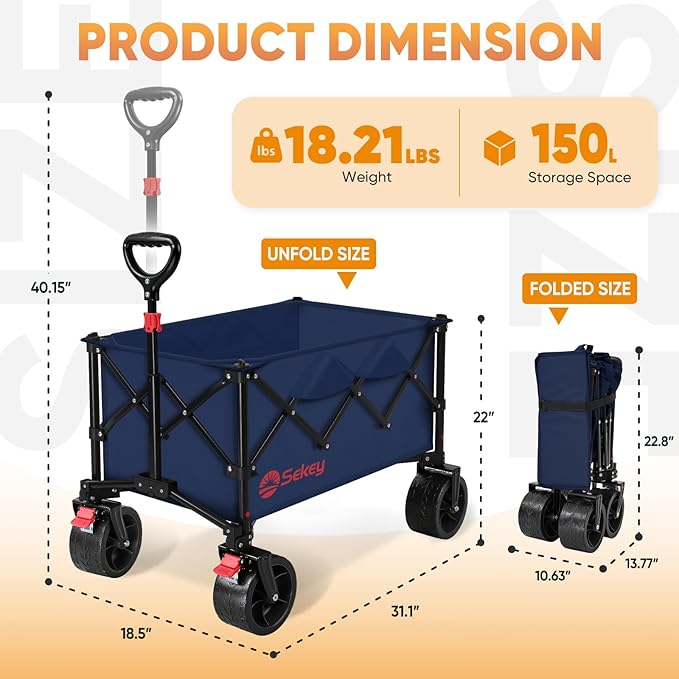 Sekey 150L Wagons Carts Foldable with Big All-Terrian Beach Wheels, Collapsible Heavy Duty Wagon, Extra Large Folding Wagon, Foldable Wagon for Camping, Garden, Sports. Royal Blue