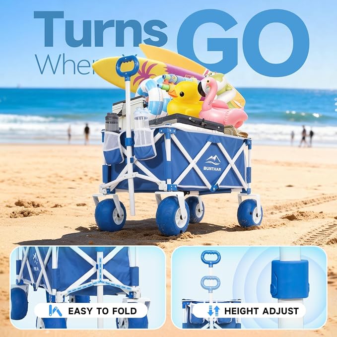 Beach Wagon with Big Wheels for Sand, Heavy Duty Harder Sand Collapsible Folding Wagon with All-Terrain 9" Pneumatic Ballon Tires, Utility Wagon for Garden Sports Camping Outdoor Activities