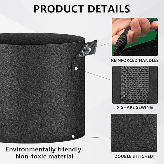 50 Pack Grow Bags, Black Heavy Duty Fabric Pots Nonwoven Potato Grow Bags with Sturdy Handles & Reinforced Stitching, Breathable Vegetable Flower Plant Growing Containers Bags (10 Gallon)