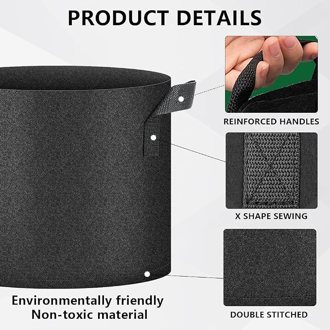 50 Pack Grow Bags, Black Heavy Duty Fabric Pots Nonwoven Potato Grow Bags with Sturdy Handles & Reinforced Stitching, Breathable Vegetable Flower Plant Growing Containers Bags (5 Gallon)