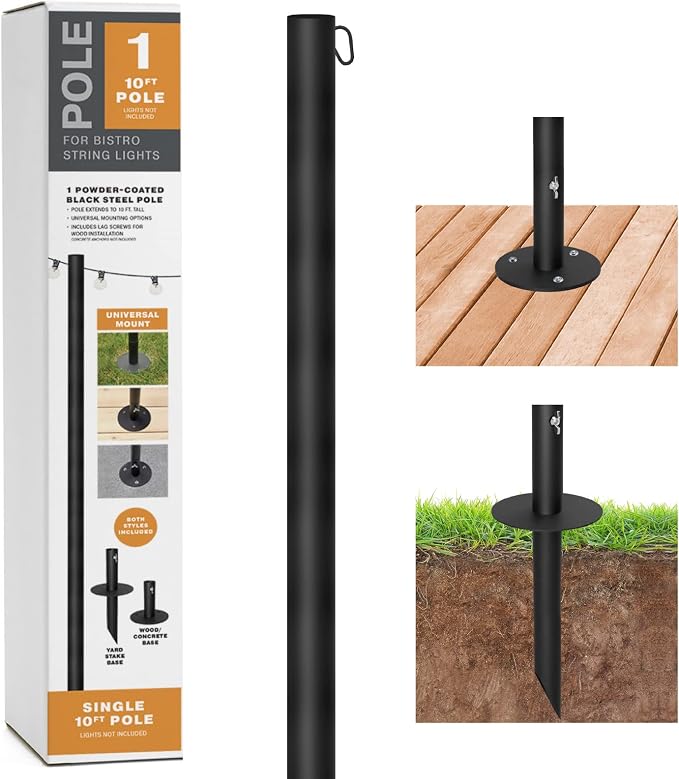 EXCELLO GLOBAL PRODUCTS Bistro String Light Poles - 1 Pack - Extends to 10 Feet - Universal Mounting Options Included