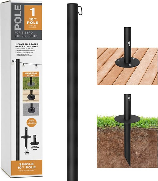 EXCELLO GLOBAL PRODUCTS Bistro String Light Poles - 1 Pack - Extends to 10 Feet - Universal Mounting Options Included