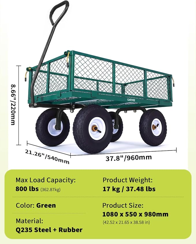Garvee Versatile Outdoor Utility Cart - 800LBS Heavy-Duty, 10" All-Terrain Pneumatic Tires, Easy Maneuverable Lawn Cart with Removable Mesh Panels for Gardening & Landscaping, Green