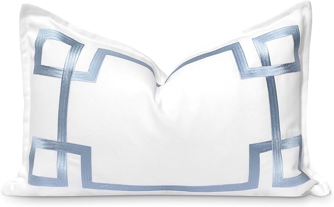 Hofdeco Premium Coastal Patio Indoor Outdoor Lumbar Pillow Cover Only, 12"x20" Water Repellent for Backyard, Couch, Baby Blue Embroidered Frame Greek Key