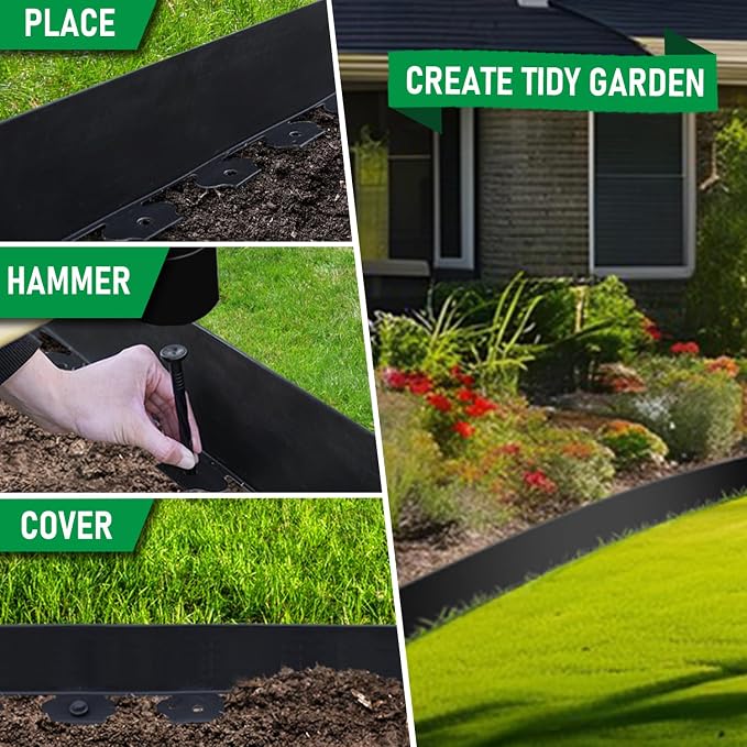 Hugeleaf Landscape Edging Border 60 Feet with 72pcs Spikes, 4inches Flexible Plastic Garden Edging for Landscaping, Lawn, Flower Bed, Yard（Black）