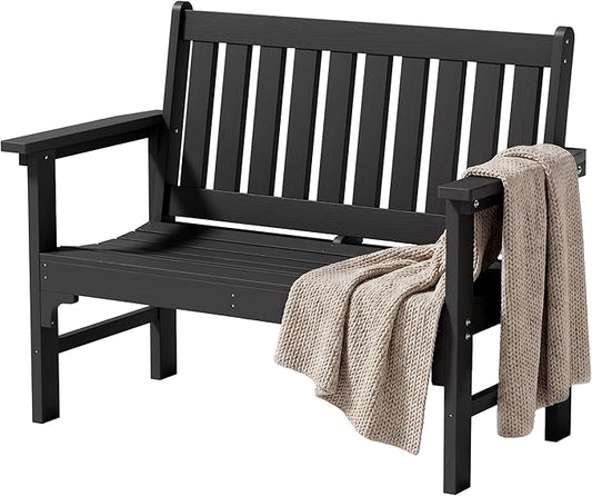 JUMMICO High-Density Polyethylene Outdoor Garden Bench, Ergonomically Designed, Weather-Resistant, 800-Pound Weight Capacity, Perfect for Gardens, Patios, Porches, and Backyards, 2-Person, Black