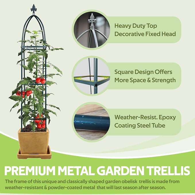 100% Metal Obelisk Trellis for Climbing Plants Outdoor & Indoor - 63" Tall Rustproof Metal Garden Trellis for Clematis Cucumber Vines - Square Plant Support Rose Trellis for Pots Flowers Fruits Green