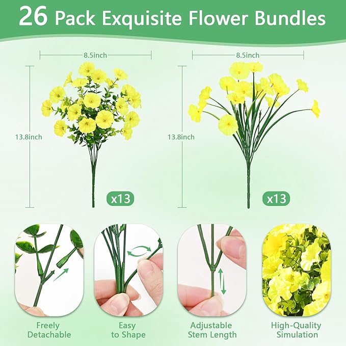 Yastouay Artificial Flowers for Outdoors, 26 Bundles Fake Outdoor Flowers, UV Resistant Artificial Plants & Flowers for Decoration, Yellow Realistic Morning Glory for Outdoor Porch Garden Decoration