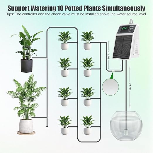 Solar Automatic Drip Irrigation Kit, Smart Timer Watering System for 10 Potted Plants, Plant Waterer for Balcony Garden Greenhouse Window Sill, Indoor Outdoor Use