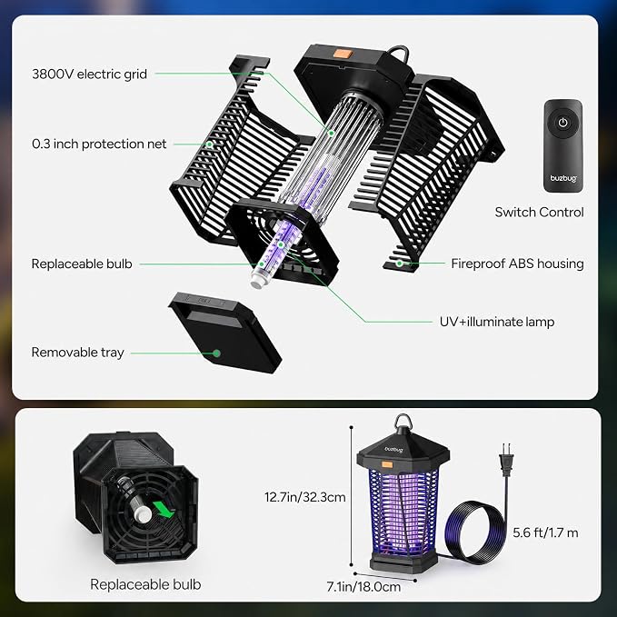 Buzbug 2-in-1 LED Bug Zapper Indoor Outdoor with Smart Control, Up to 50000H LED Bulbs, 3800V High Voltage Mosquito Killer, Electric Fly Zapper & Night Light, Fruit Fly Killer, MA-20