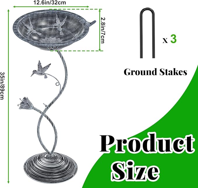 Bird Bath Garden for Outside, Vintage Metal Birdbaths Bowl with Roman Pedestal for Outdoors, Standing Bird Bath Bowl Birdfeeder for Yard Lawn Decor (Vintage Silver - Hummingbird)