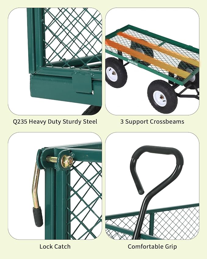 Garvee Versatile Outdoor Utility Cart-400LBS Heavy-Duty, 10" All-Terrain Pneumatic Tires, Easy Maneuverable Lawn Cart with Removable Mesh Panels for Gardening&Landscaping, Green, with Waterproof Liner