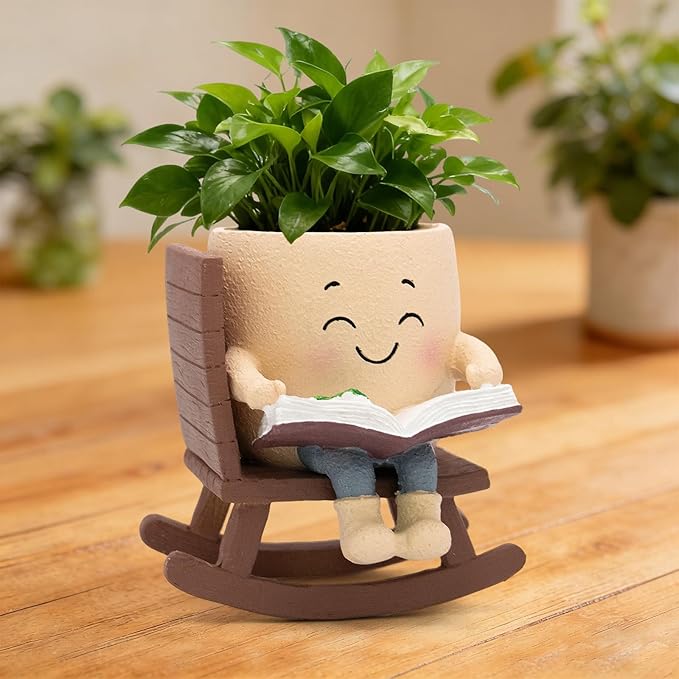 Smily Face Rocking Chair Reading Book Planter Pots with Drainage Hole, Cute Resin Flower Head Succulent Planters for Indoor Plants, Gift IdeaI for Mother Birthday Christmas