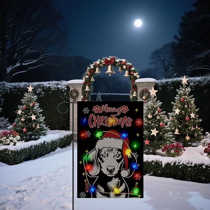Christmas Dog Garden Flag - Led Dachshund Christmas Decor for Outside, Welcome Garden Flags Double-Sided for Seasonal Winter Farmhouse Yard Lawn Decoration Gifts 12x18 inches