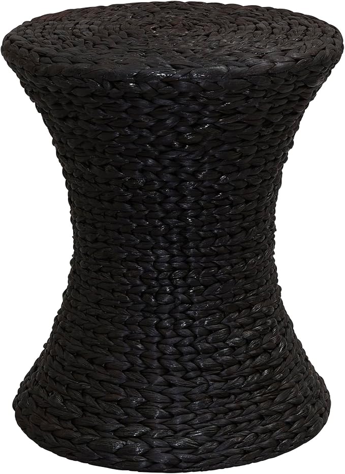 Household Essentials Handwoven Water Hyacinth Wicker Stool with Hourglass Shape, Black