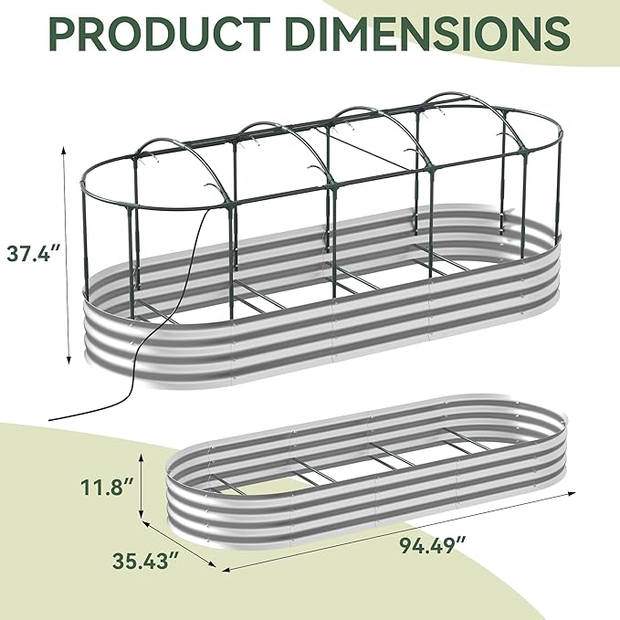 Lineware Raised Garden Bed with Sprinkler Timer and Self-Watering System, 8x3x1 ft Elevated Planter Boxes Outdoor with Mesh Cover, Oval Raised Beds for,Vegetables,Flowers, Backyard, Patio