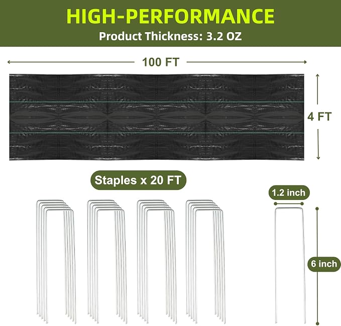 Rohuis 4ft x 100ft Weed Barrier Landscape Fabric, 3.2OZ Heavy Duty Woven Ground Cover for Garden, Weed Control Mat for Gardening Driveway Landscaping, Garden Black Tarp with 20 U-Shaped Securing Pegs