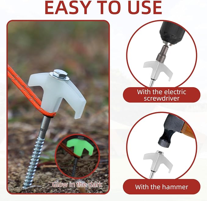 50 Pack 8 Inch Screw in Tent Stakes Heavy Duty Tent Stakes Screw in Ground Camping Stake with Hex Head Driver Metal Pegs Spikes for Camping Garden Yard (White)