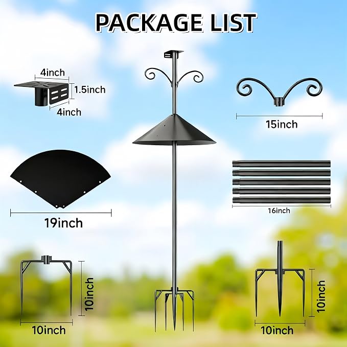 NSYOOMH Dia 1 Inch Bird Feeder Pole with 19" Proof Squirrel Baffle, Heavy Duty Metal, Bird House Pole Compatible Mount for Smart Camera Birdfeeder, Outdoor Feeding Station Stand Shepherd Hook Kit- 94"