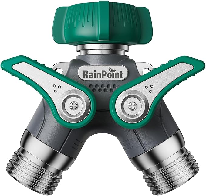 RAINPOINT Garden Hose Splitter 2 Way Heavy Duty, 3/4'' Connector Water Hose Bib Y Spigot Splitter with Shut-Off Valve, 100% Metal Body Full Flow Outdoor Water Faucet Adapter Fittings (1 Pack)