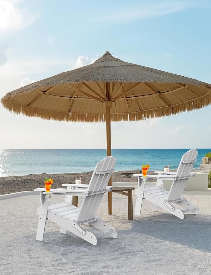 Folding Adirondack Chair, Wooden Textured Plastic Adirondack Chairs with 2 Cup Holder, Weather Resistant HDPE Fire Pit Chair, Outdoor Patio Chairs for Garden, Backyard, Lawn, Deck, 380LBS, White