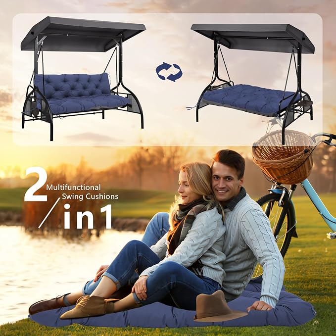 Porch Swing Cushions 60x40 Inch, 5" Extra Thick Waterproof Outdoor Swing Seat Cushion with Backrest & 8 Non-Slip Ties PP Cotton + Memory Foam Fill, Fade-Resistant 3-Seater Replacement for Patio Bench