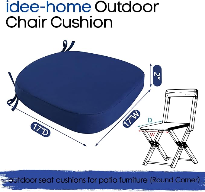 idee-home Outdoor Chair Cushions Set of 4, 17" x 17" Thick D-Shaped Patio Furniture Outdoor Seat Cushions Waterproof with Ties, Dining Pads