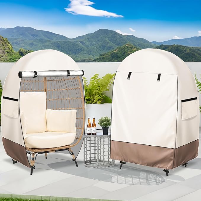 okcool Outdoor Egg Chair Cover,Waterproof Egg Chair Cover with Zipper for Wicker Patio Basket Chair(Beige & Brown,Fits 43" L *25" W*55.1" H Egg Chair)