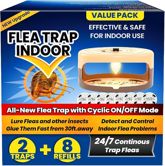 2 Pack Flea Traps for Inside Your Home with Auto Cycle Mode 40-Min Work & 5-Min Rest Mode, Refillable Indoor Flea Trap with 8 Sticky Pads, Indoor Flea Trap for Fleas, Moths & Gnats