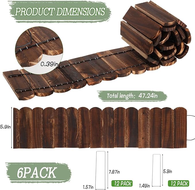 Wood Garden Edging 6 Pack 5.9" H × 47" L Flexible Wooden Garden Fence, Decorative Landscape Edging Border for Flower Beds, Lawns, Pathway, Yard