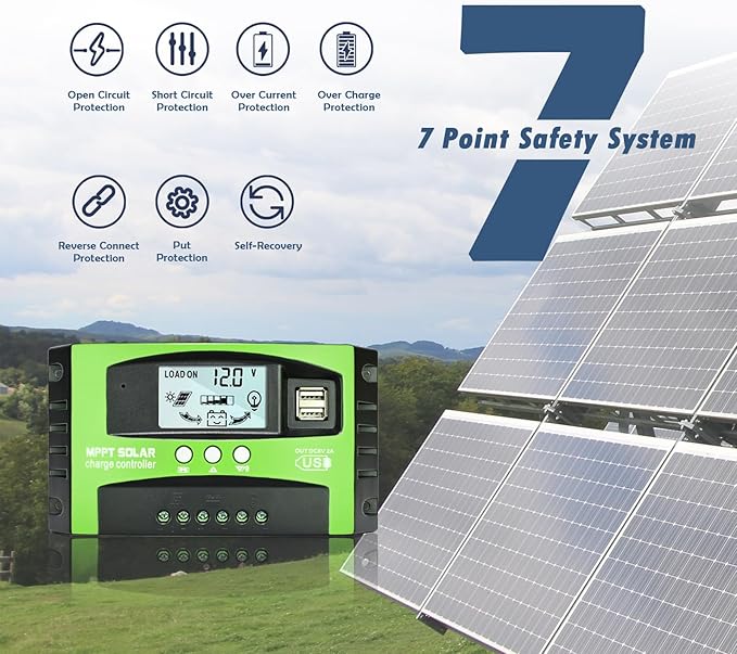 30A MPPT Solar Charge Controller, 12V/24V Auto Tracking Solar Panel Regulator with LCD Display Dual USB Port Multiple Load Control Modes Timer Setting, Fit for Gel Sealed Flooded and Li Battery(Green)