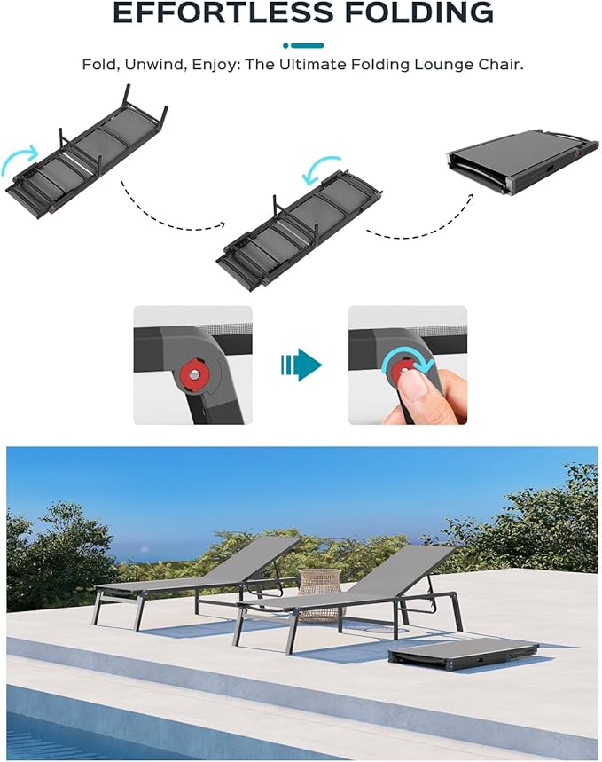 Patio Chaise Lounge Chair Set of 4, Foldable Lounge Chair for Outside, Aluminum Chairs with 5 Adjustable Backrest, Outdoor Pool Lounger for Poolside, Patio, Deck, Grey