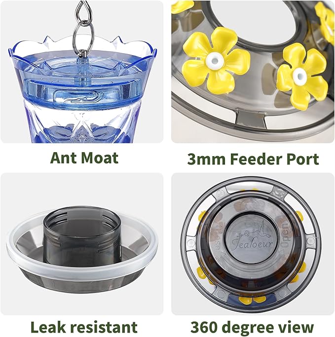 Jealoeur Hummingbird Feeder for Outdoors Hanging, 18 OZ Humming Birds Feeders with 6 Bee Guard Feeding Ports & Built-in Ant Moat, Easy to Clean, Durable Outdoor Garden Decor, Blue