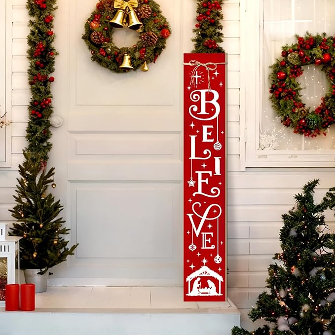 Christmas Porch Sign Believe Nativity Welcome Sign for Front Porch, Red ChristianWood Signs for Patio Jesus Tall Standing Wooden Yard Sign Bless Xmas Decoration for Indoor Outdoor
