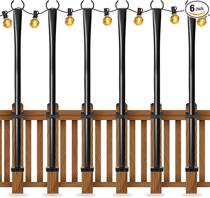 6 Pack String Light Poles for Deck, 5Ft Heavy-Duty Metal Deck Light Poles for Outside with Fixing Clips, Lighting Hanging Post Accessories for Patio Decor Garden Backyard Yard Fence Porch Decorations