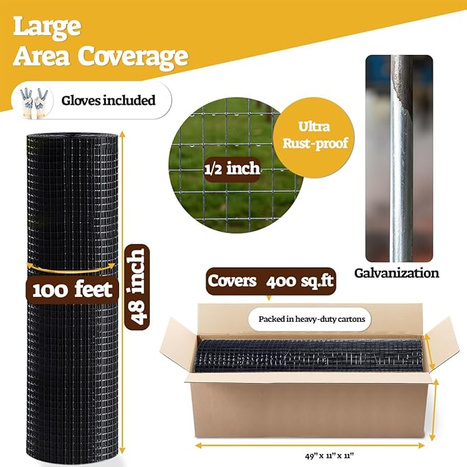 HORCH Black Hardware Cloth 1/2 inch 48x100 19-Gauge, Vinyl Coated Wire Mesh Roll, Chicken Wire Mesh, Tree Guard, Gopher Wire, Rodent Mesh, Chicken Wire Fencing, Garden Fence