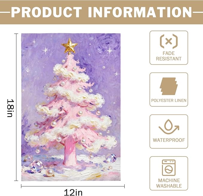 Christmas Garden Flag 12x18 Inch Purple Pink Xmas Tree Pearl Winter Holiday Decorative Yard Flags for Outside Double Sided Seasonal Outdoor Home Farmhouse Decoration Porch New Year Decor