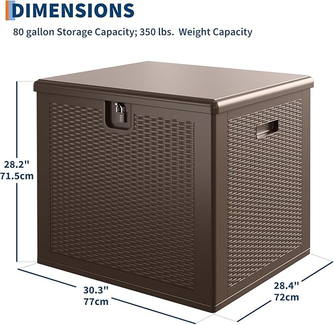 80 Gallon Outdoor Storage Box – Lockable Waterproof Resin Deck Box for Patio & Garden (UV Resistant, Holds Cushions, Tools, Pool Equipment) - Brown