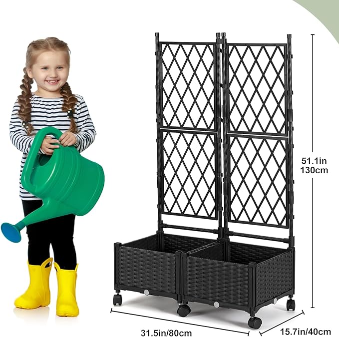 FOLLOOK Planter Box with Trellis, 4ft Tall Self-Watering Plastic Raised Garden Beds and Lattice Trellis with Lockable Wheels & Drain Plug for Outdoor Patio Backyard Balcony, Black, 2 Pcs